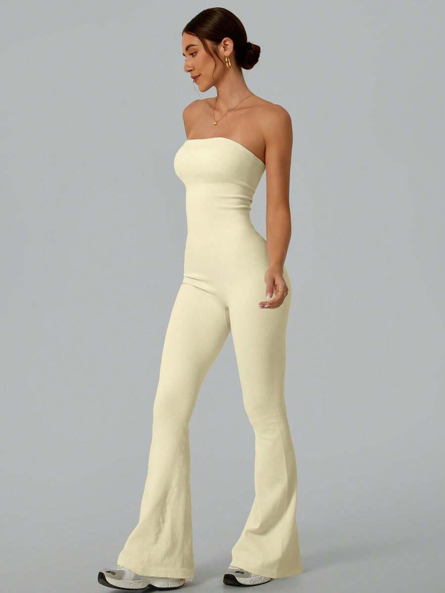 Yoga Fitness Youtube - Solid Color Seamless Tube Top Bodysuit