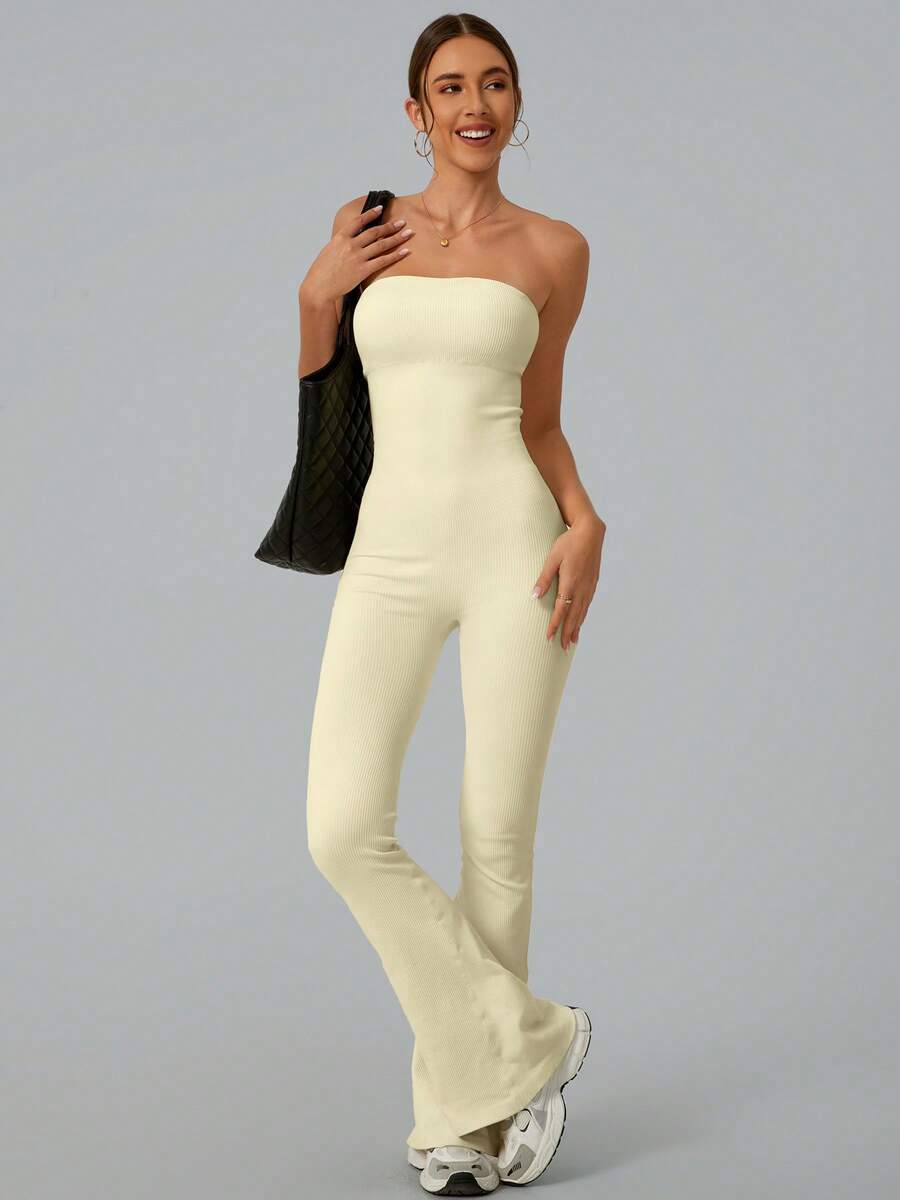 Yoga Fitness Youtube - Solid Color Seamless Tube Top Bodysuit